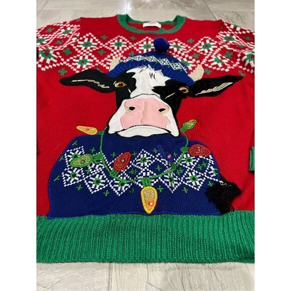 Holiday Time Cow With Light Up Necklace Ugly Christmas Sweater Men’s Medium - Picture 2 of 10